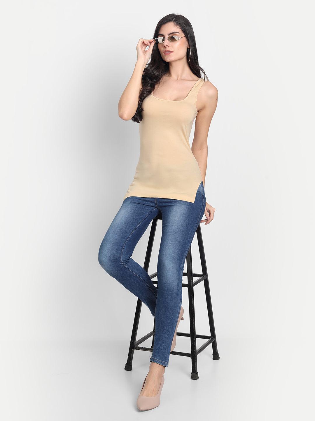 Women's Regular Fit Wide Strap Sleeveless Cotton Camisole Slip Spaghetti Multicolor Combo pack of 3 - Aimly.in