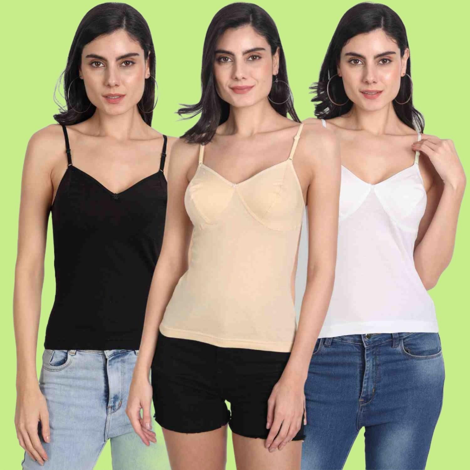 Women's Regular Fit Adjustable Strap Cotton Bra Cum Camisole Slip Spaghetti Multicolor Combo pack of 3 - Aimly.in