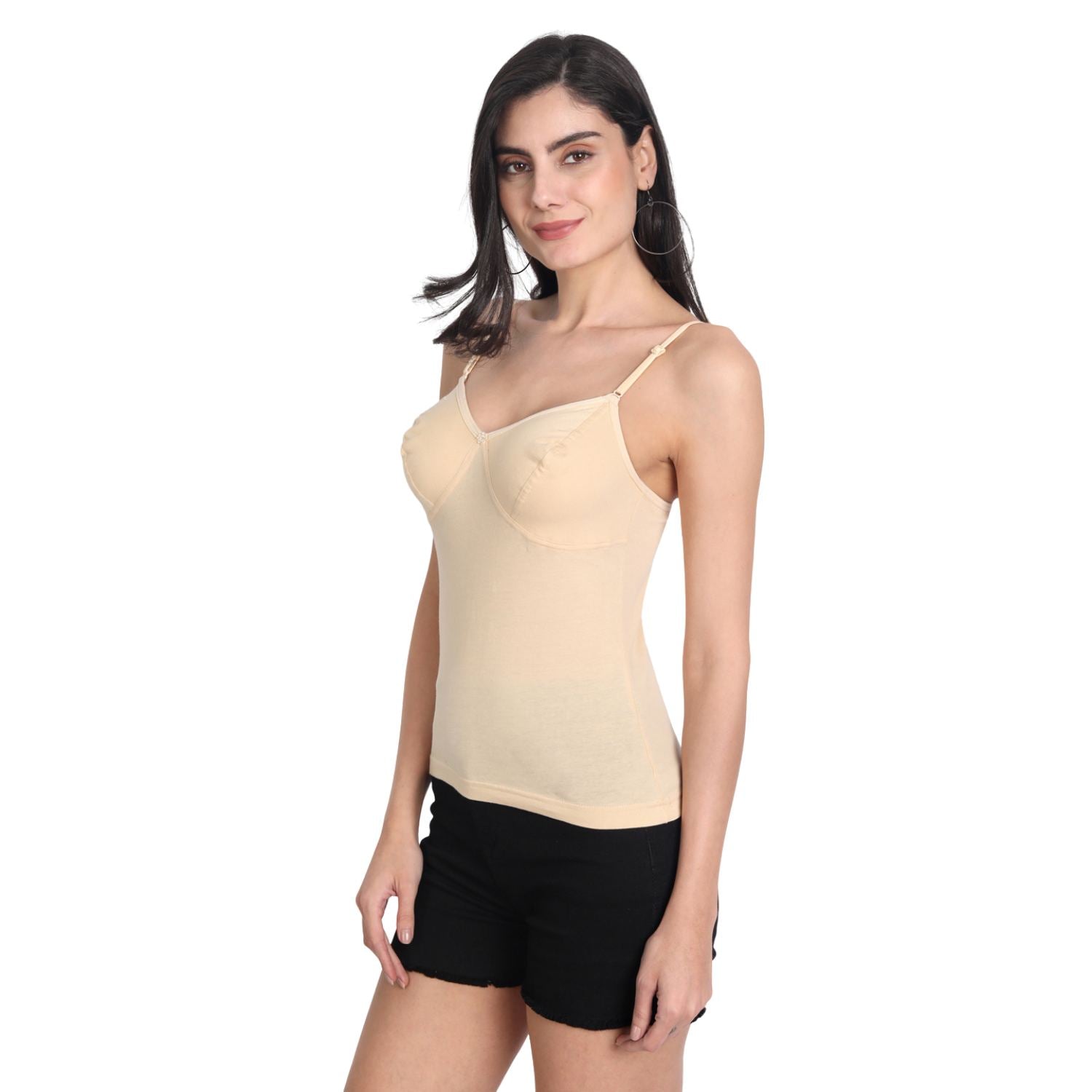 Women's Regular Fit Adjustable Strap Cotton Bra Cum Camisole Slip Spaghetti 2-Beige Combo pack of 2
