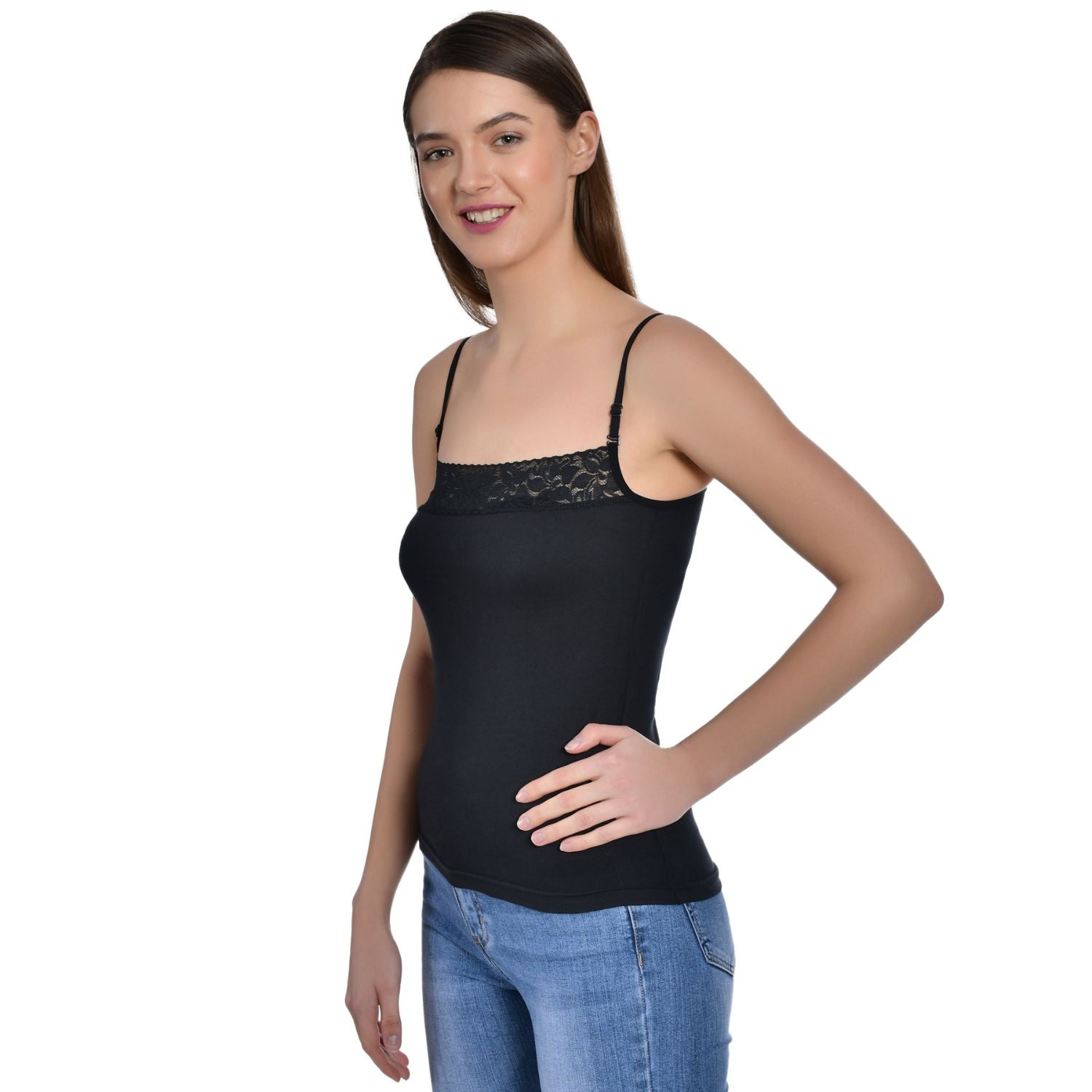 Women's Cotton Adjustable Strap Lace Spaghetti Slip Camisole Pack of 2