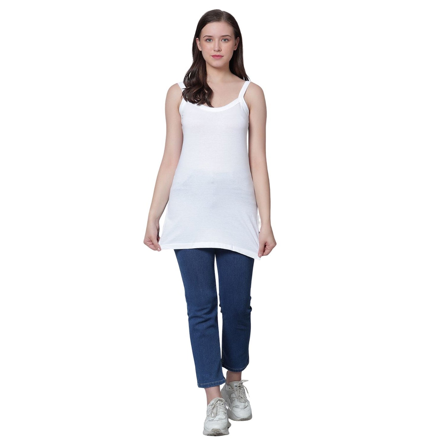 Women's Cotton Sleeveless U Neck Long Spaghetti Slips Regular Use Camisoles 2 white pack of 2