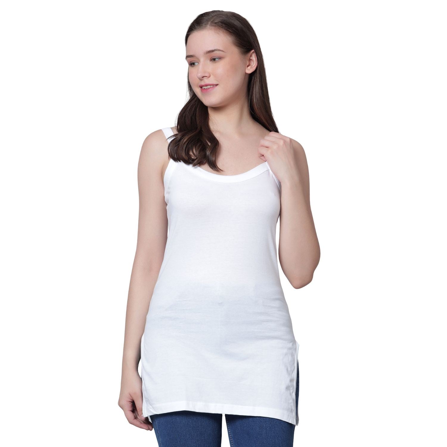 Women's Cotton Sleeveless U Neck Long Spaghetti Slips Regular Use Camisoles 2 wht 1 bge pack of 3