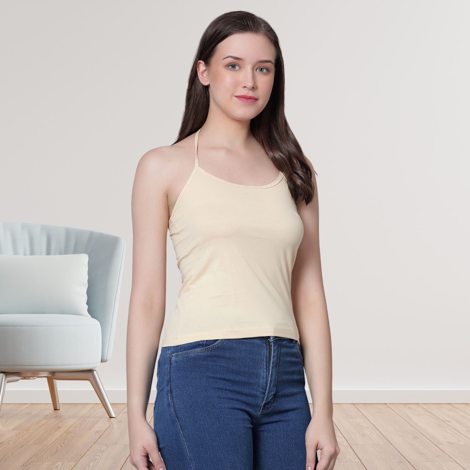 Women's Cotton Regular Sleeveless Halter Neck Camisole Slip Spaghetti