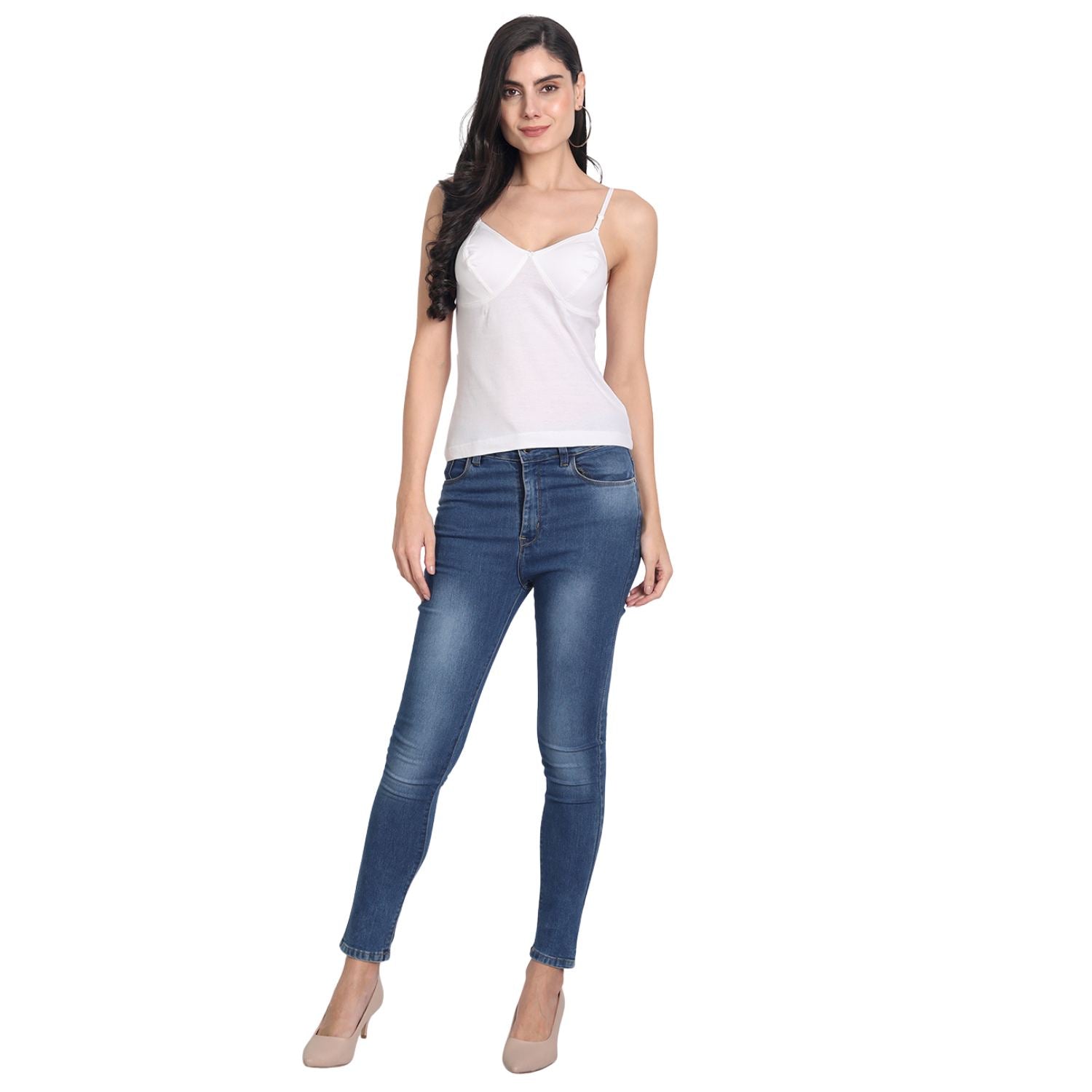 Women's Regular Fit Adjustable Strap Cotton Bra Cum Camisole Slip Spaghetti 2-White Combo pack of 2