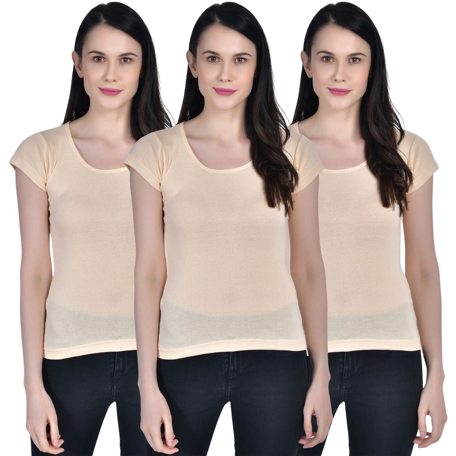 Women's Cotton Cap Sleeve Camisole Slip Spaghetti 3 beige Pack-3