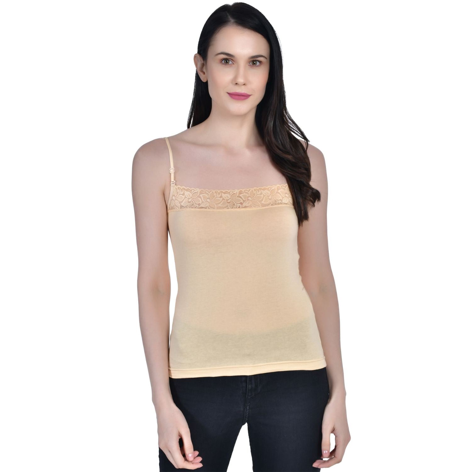 Women's Cotton Adjustable Strap Lace Spaghetti Slip Camisole 2 white 1 beige Pack of 3