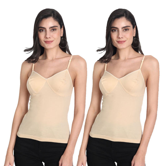Women's Regular Fit Adjustable Strap Cotton Bra Cum Camisole Slip Spaghetti 2-Beige Combo pack of 2