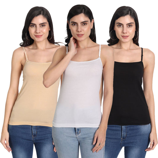 Aimly Women's Cotton Sleeveless Adjustable Strap Camisole Slip Spaghetti - Pack of 3