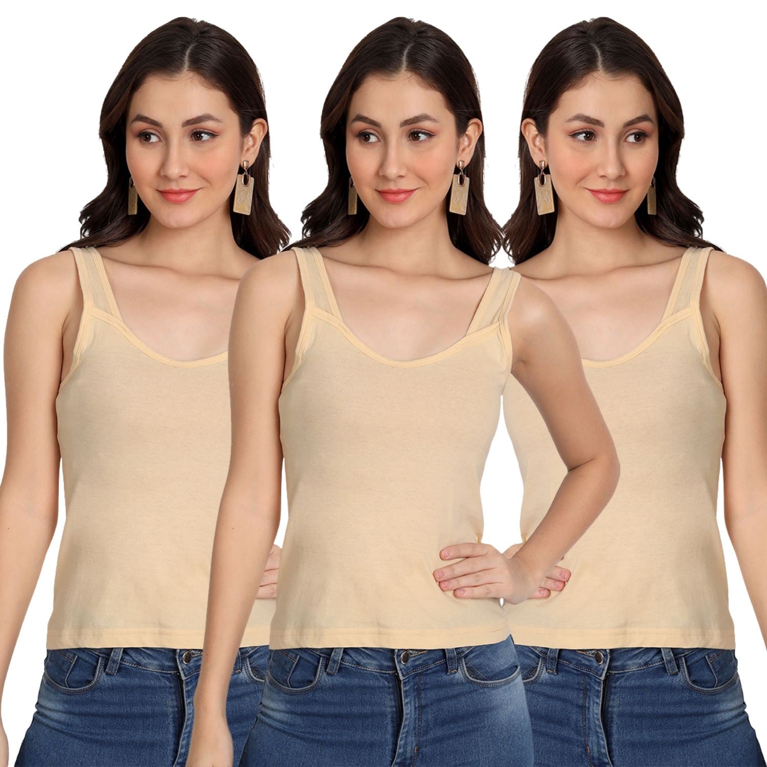 Women's Regular Fit Cotton U Neck Spaghetti Slips Camisoles 3 beige Combo Pack of 3
