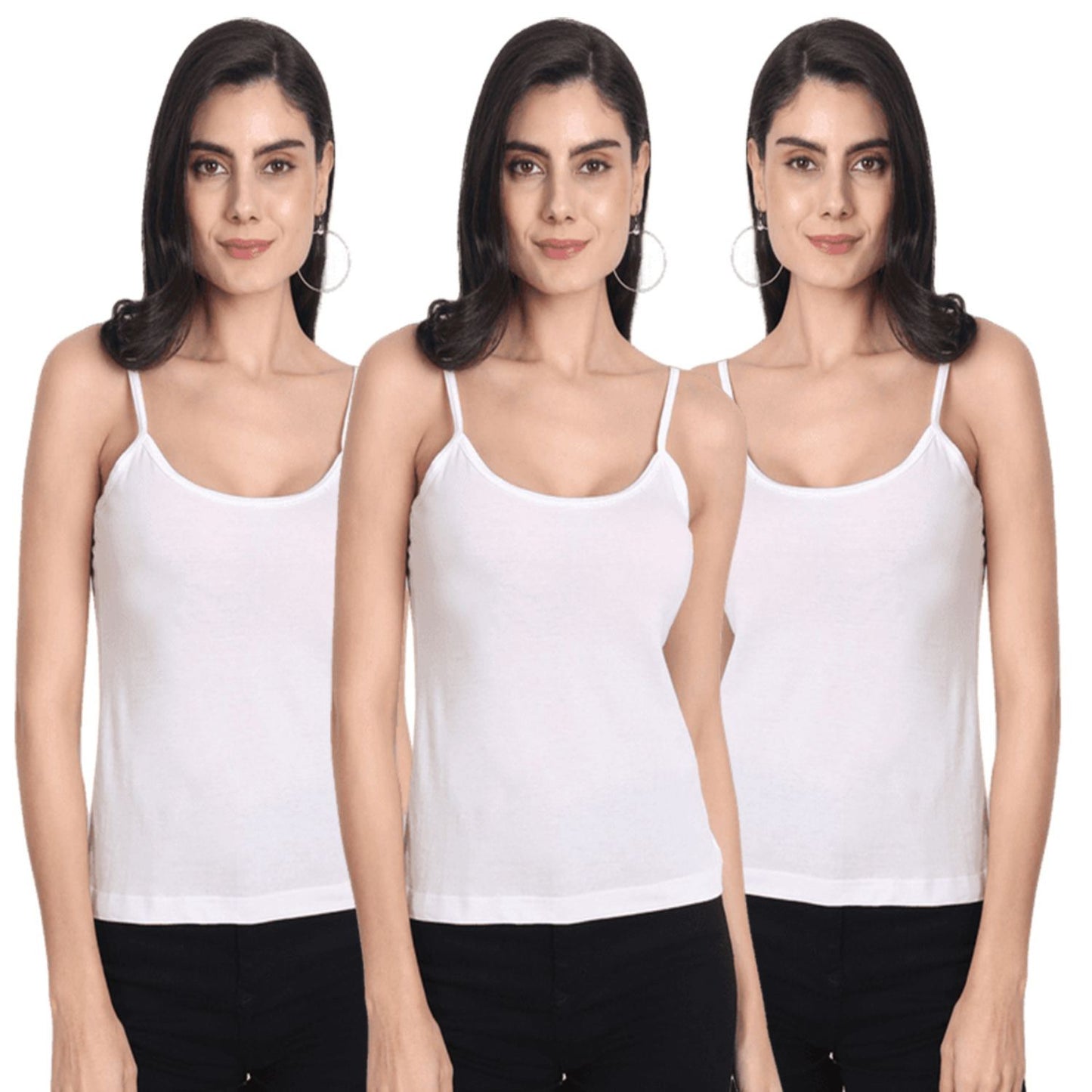 Women's Regular Fit Thin Strap Sleeveless Cotton Camisole Slip Spaghetti 3White Combo pack of 3