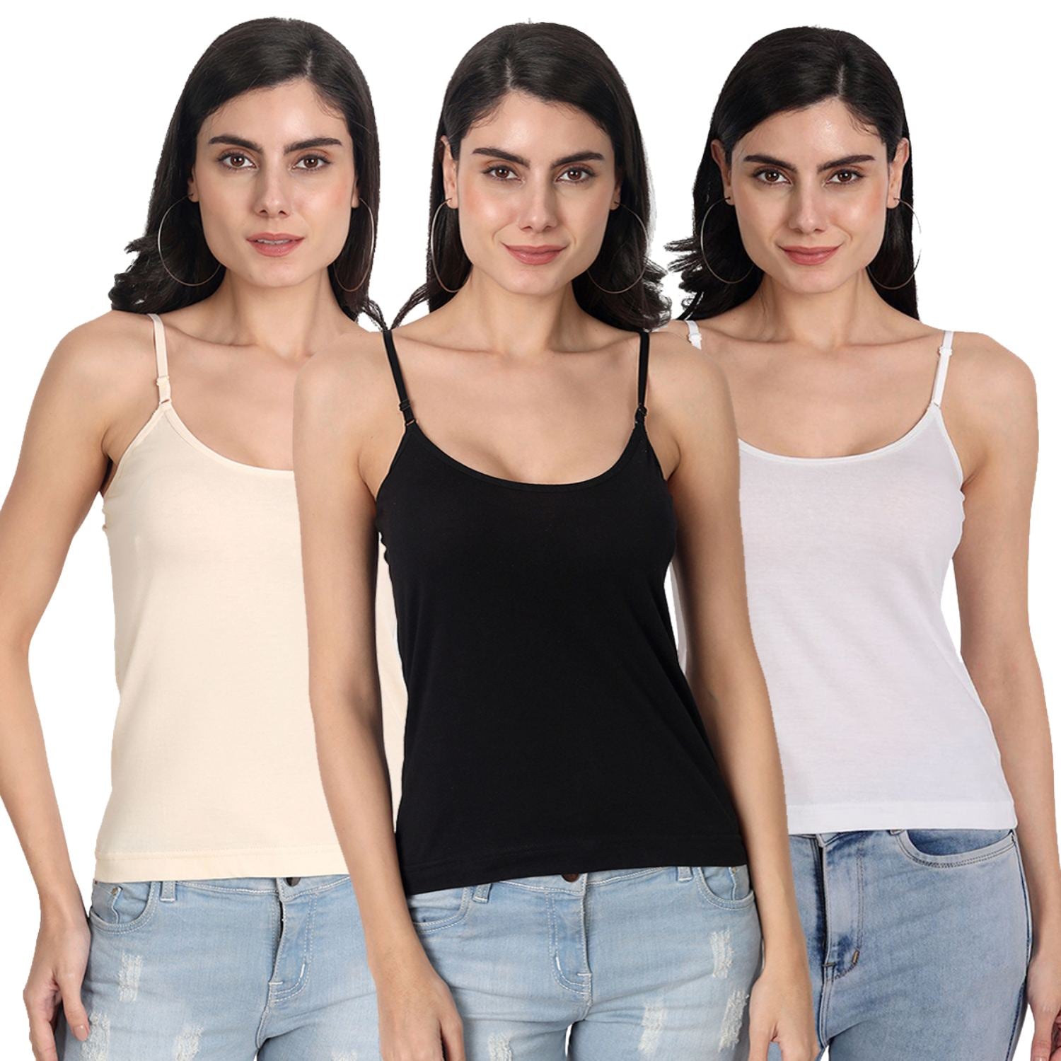 Aimly Women's Cotton Sleeveless Adjustable Strap Spaghetti COMBO - Pack of 3