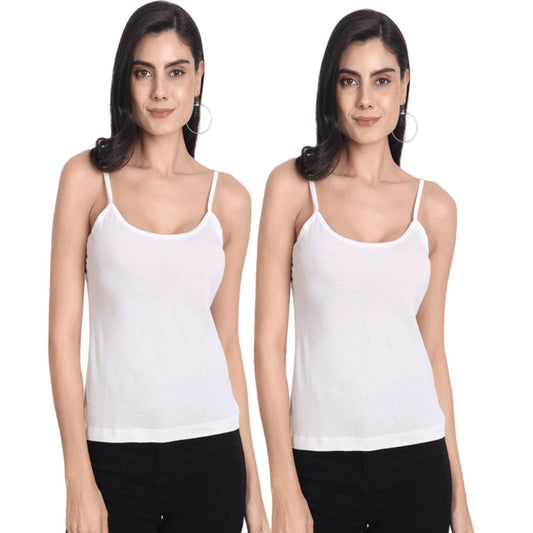Women's Regular Fit Adjustable Strap Cotton Bra Cum Camisole Slip Spaghetti 2white Combo pack of 2