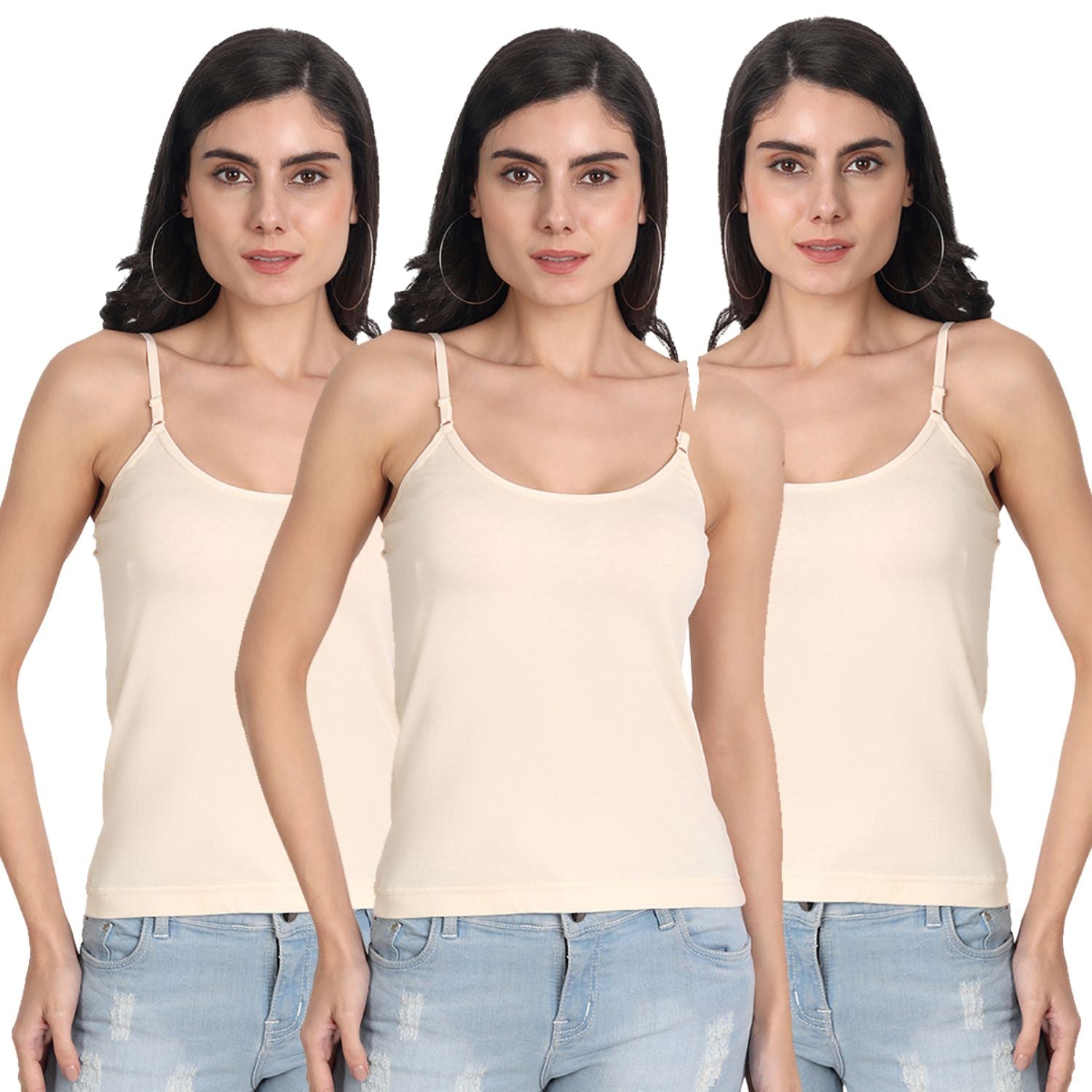 Aimly Women's Cotton Sleeveless Adjustable Strap Spaghetti 3 BEIGE - Pack of 3