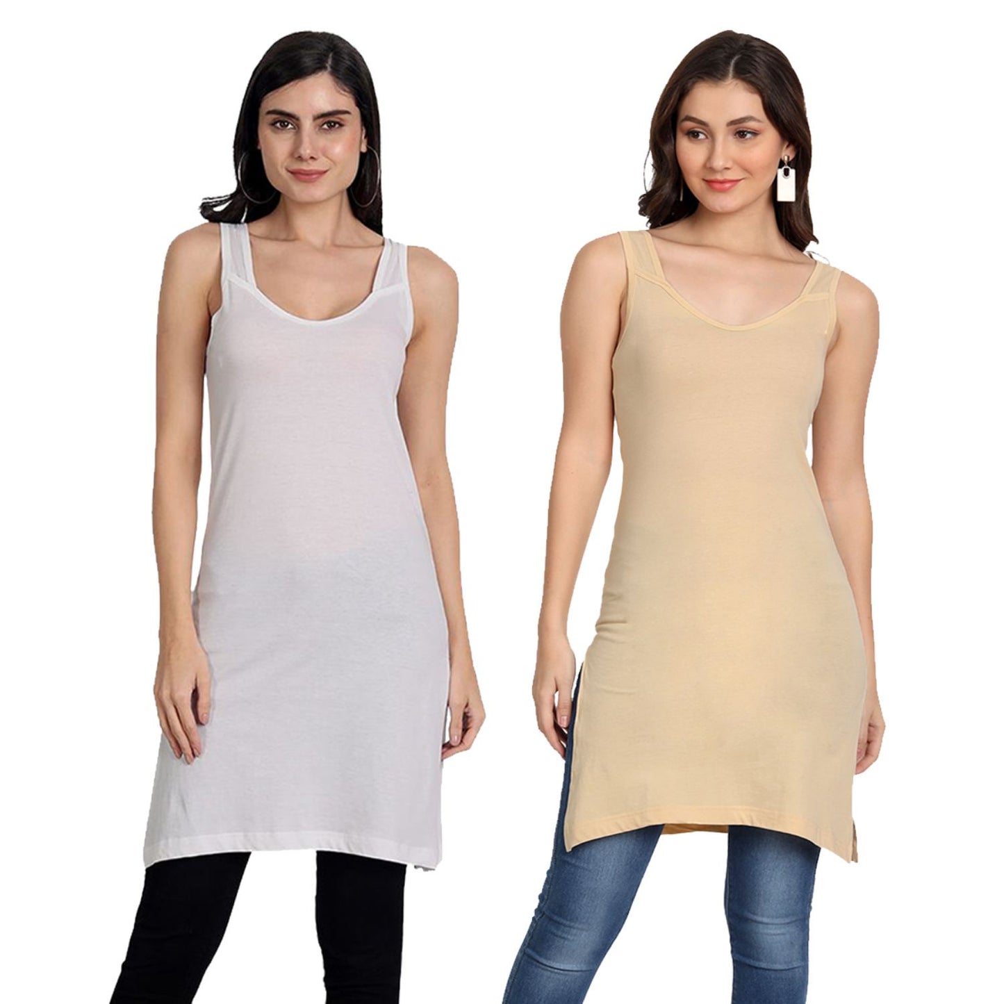 Women's Cotton Sleeveless Long Kurti Camisole Slip beige_white Spaghetti P2