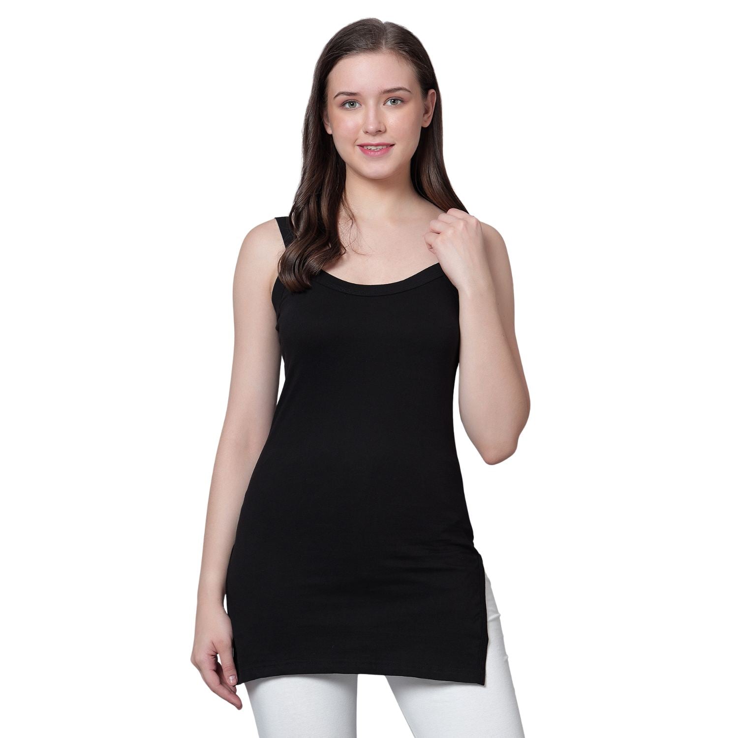 Women's Cotton Sleeveless U Neck Long Spaghetti Slips Regular Use Camisoles Multicolor pack of 3