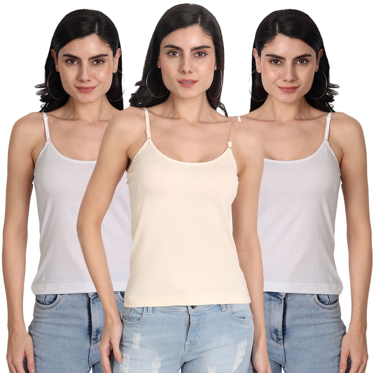 Aimly Women's Cotton Sleeveless Adjustable Strap Spaghetti 2 WHITE 1 BEIGE - Pack of 3