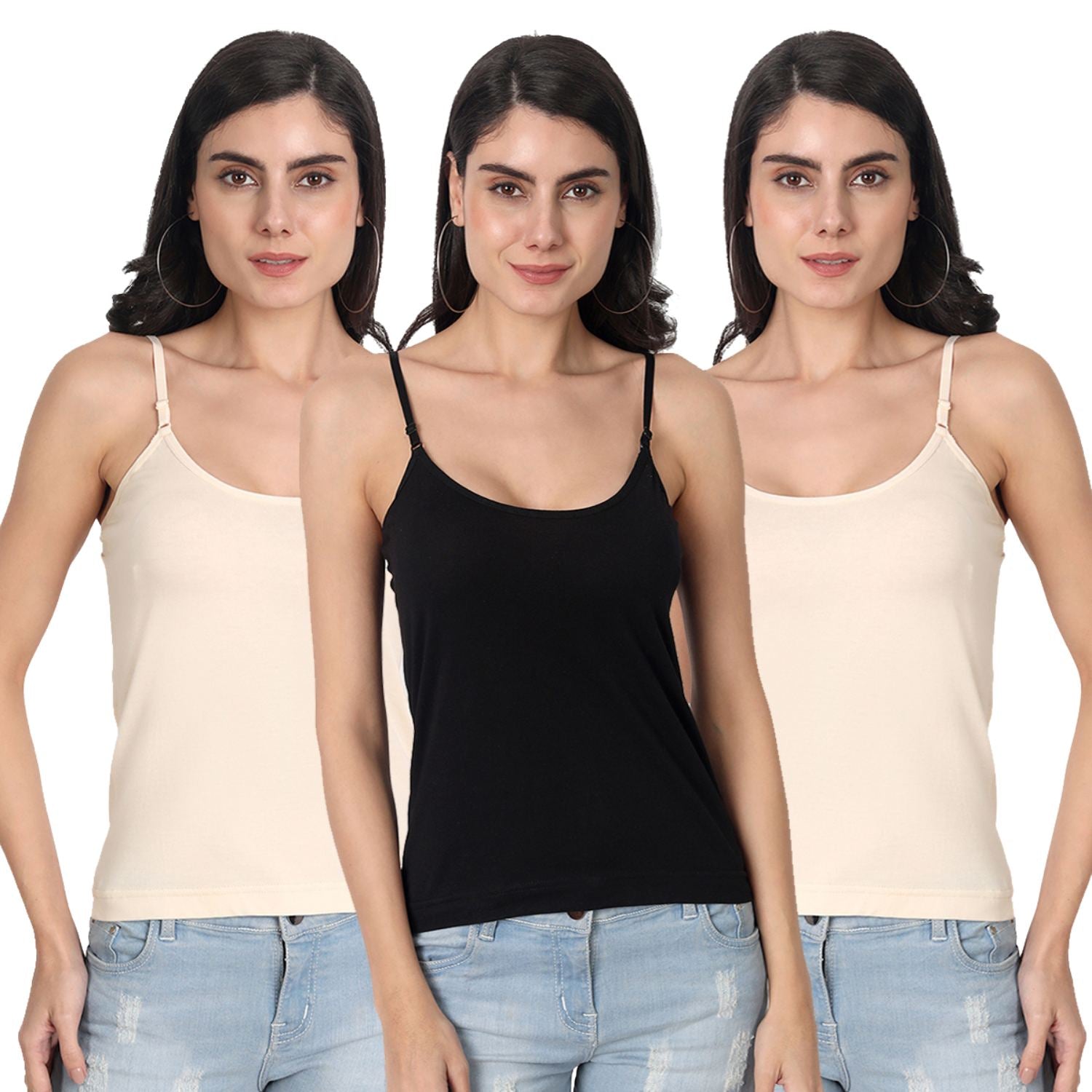 Aimly Women's Cotton Sleeveless Adjustable Strap Spaghetti 2 BEIGE 1 BLACK- Pack of 3
