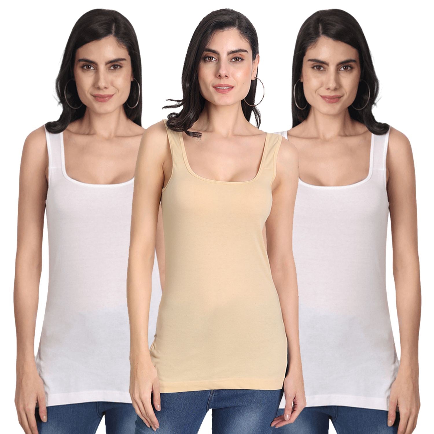 Women's Regular Fit Wide Strap Sleeveless Cotton Camisole Slip Spaghetti 2 white 1 beige Combo pack of 3 - Aimly.in