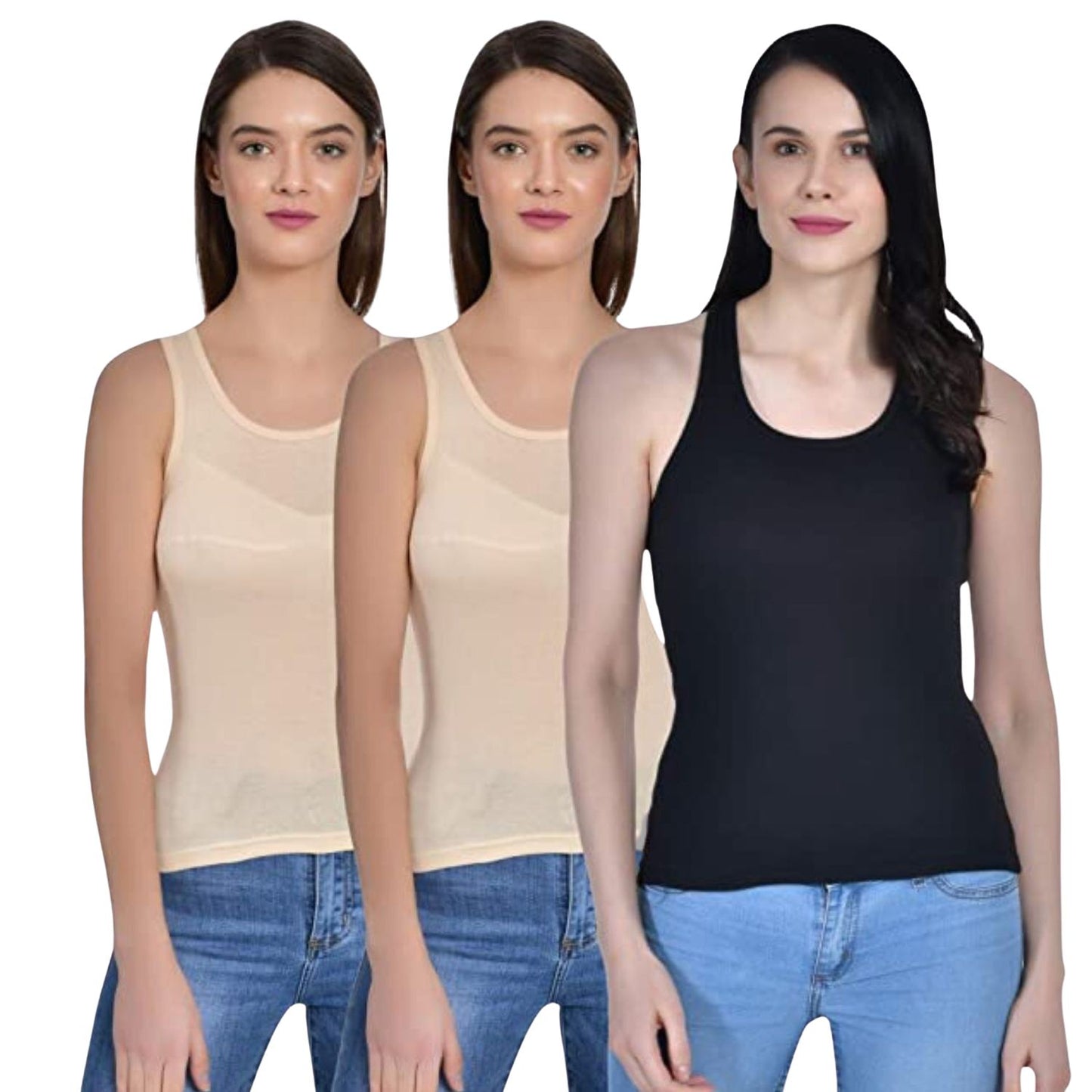 Women's Regular Fit Wide Strap Sleeveless Cotton Camisole Slip Spaghetti 2 Beige 1 Black Combo pack of 3