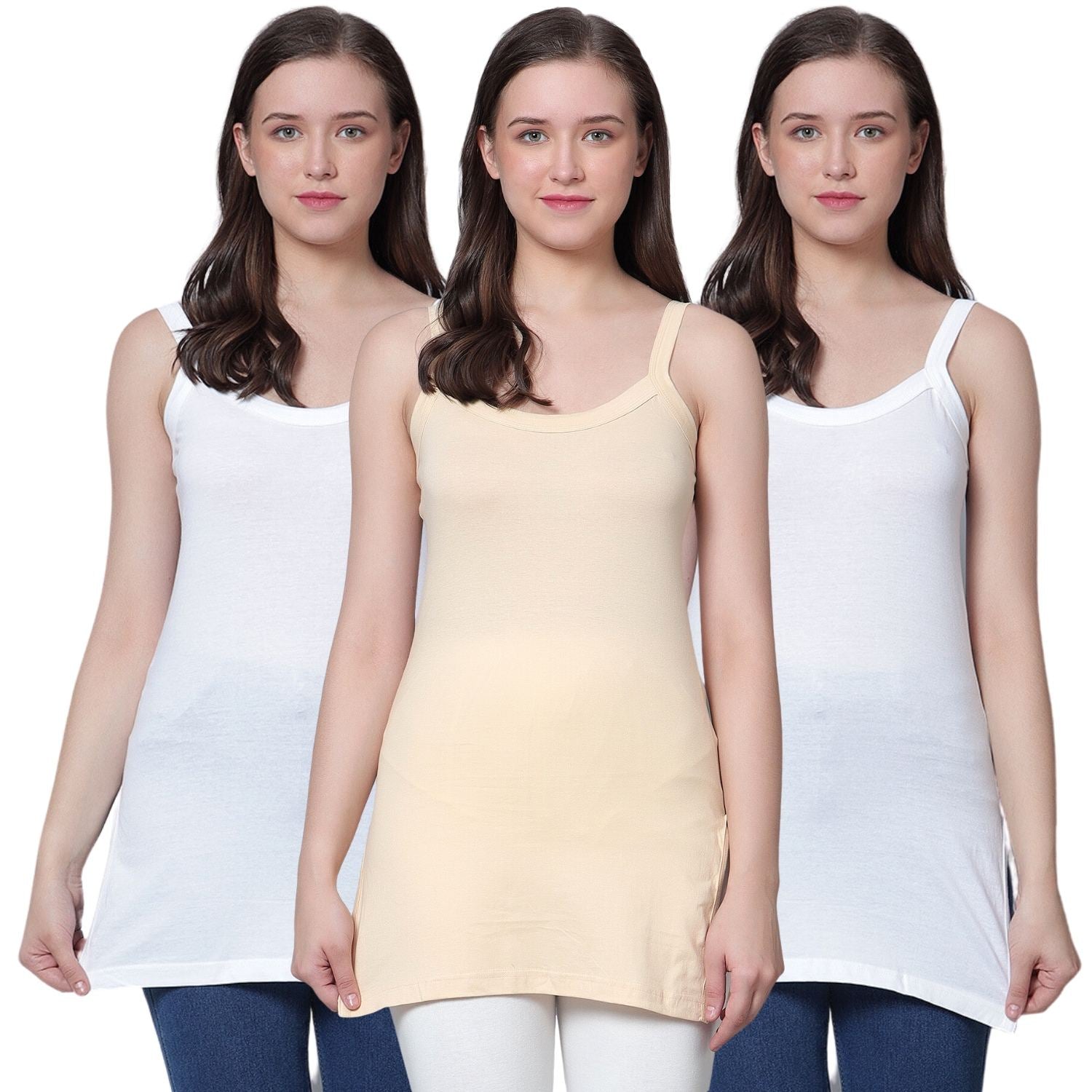 Women's Cotton Sleeveless U Neck Long Spaghetti Slips Regular Use Camisoles 2 wht 1 bge pack of 3
