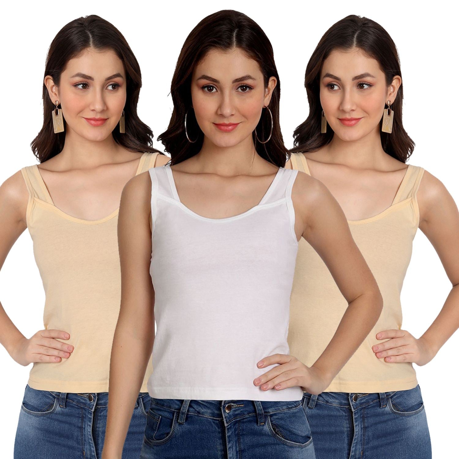 Women's Regular Fit Cotton U Neck Spaghetti Slips Camisoles 2 beige 1 white Combo Pack of 3