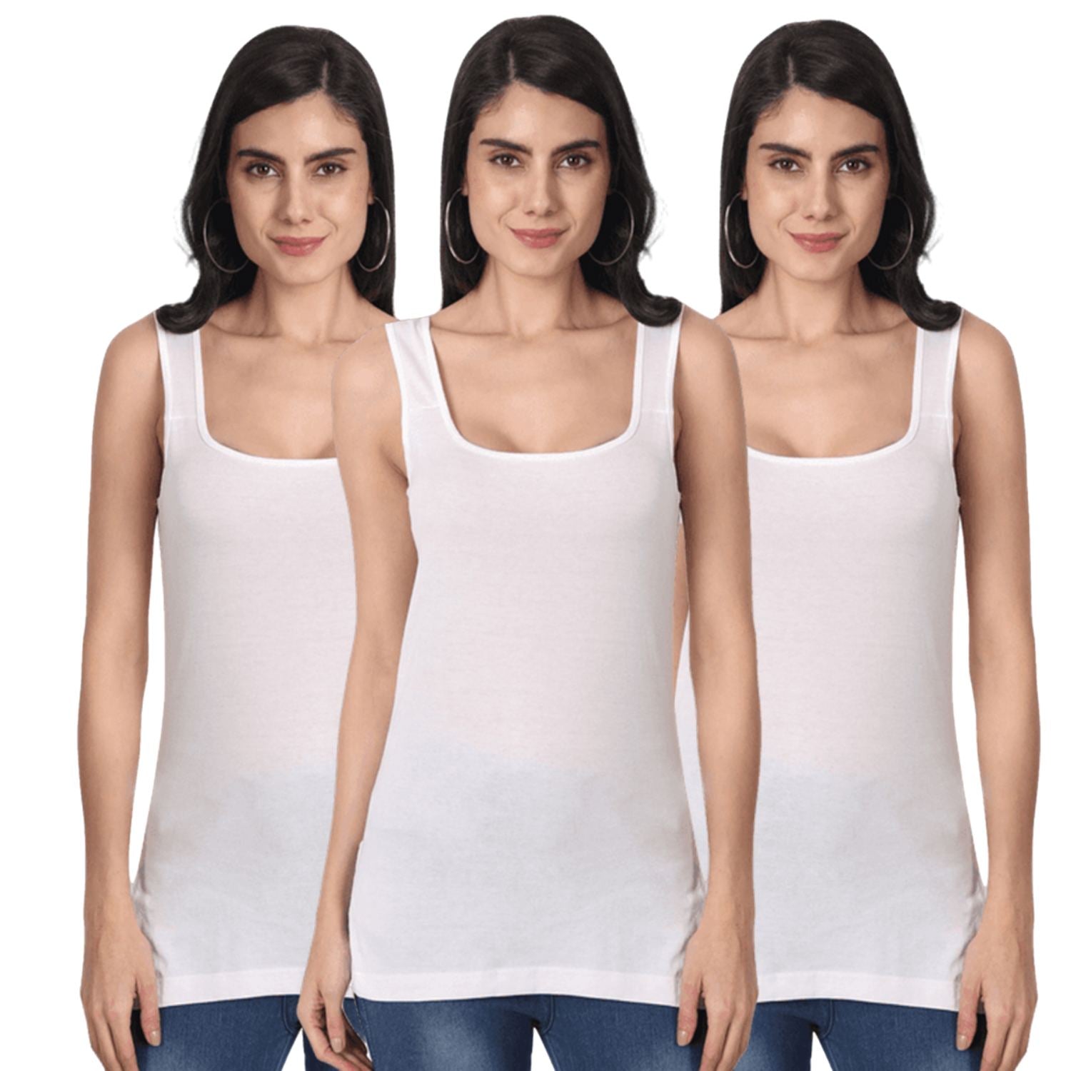 Women's Regular Fit Wide Strap Sleeveless Cotton Camisole Slip Spaghetti 3 WHITE Combo pack of 3