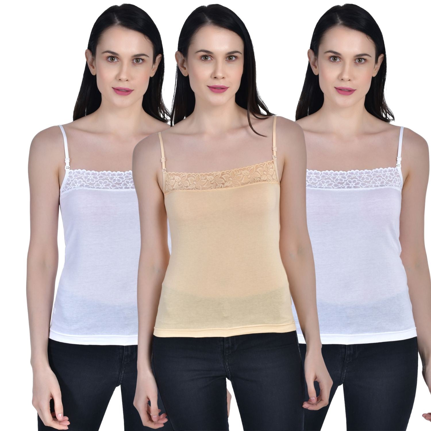 Women's Cotton Adjustable Strap Lace Spaghetti Slip Camisole 2 white 1 beige Pack of 3