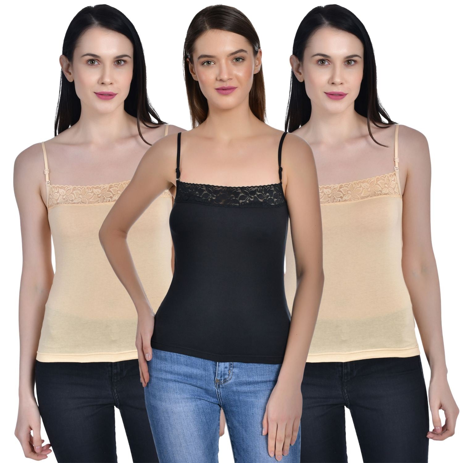 Women's Cotton Adjustable Strap Lace Spaghetti Slip Camisole 1 black  2 beige Pack of 3