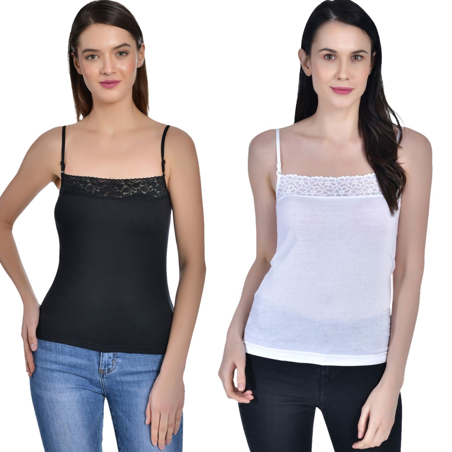 Women's Cotton Adjustable Strap Lace Spaghetti Slip Camisole Pack of 2