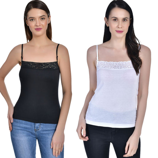 Women's Cotton Adjustable Strap Lace Spaghetti Slip Camisole Pack of 2