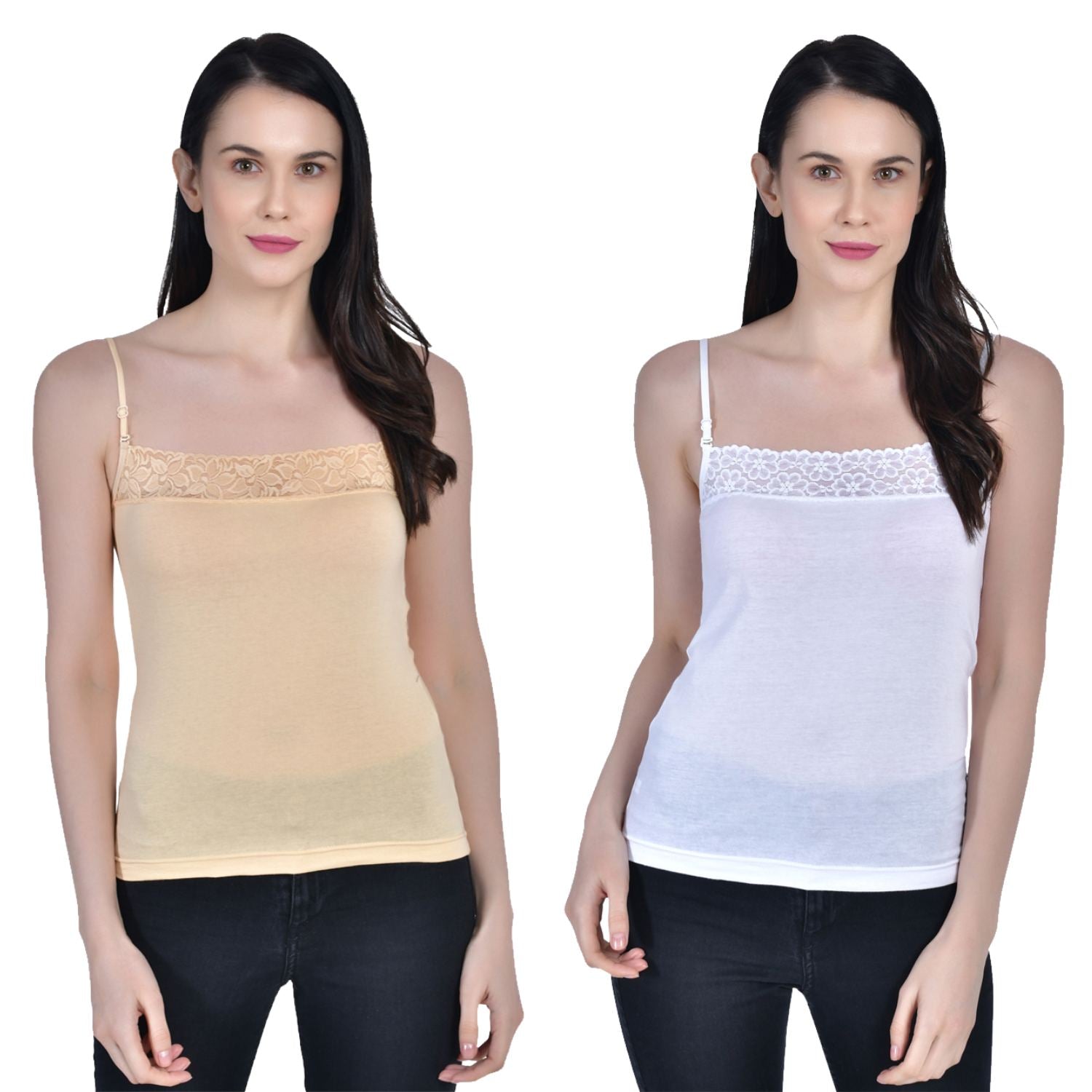 Women's Cotton Adjustable Strap Lace Spaghetti Slip Camisole 1 beige 1 white Pack of 2