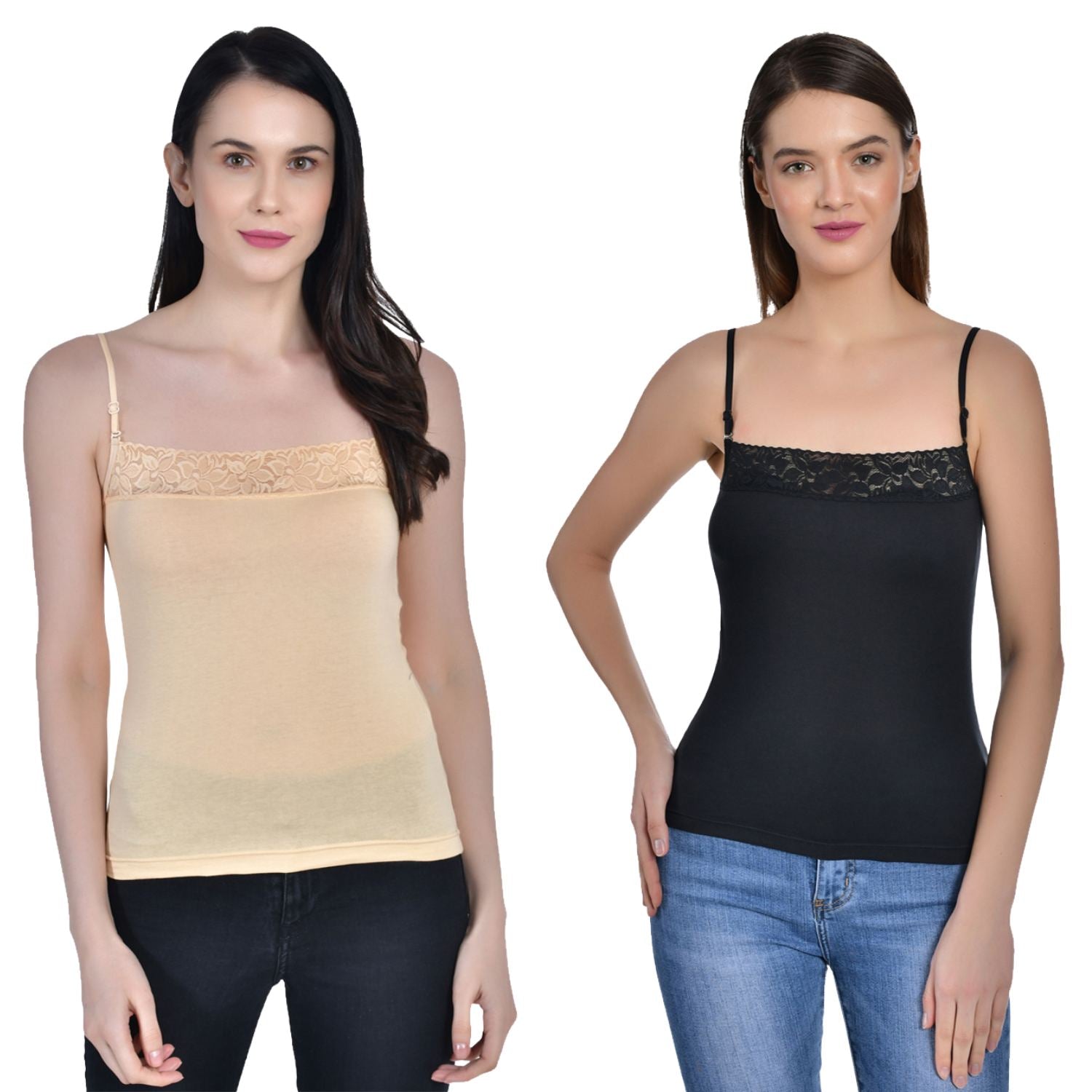 Women's Cotton Adjustable Strap Lace Spaghetti Slip Camisole 1 beige 1 blk  Pack of 2