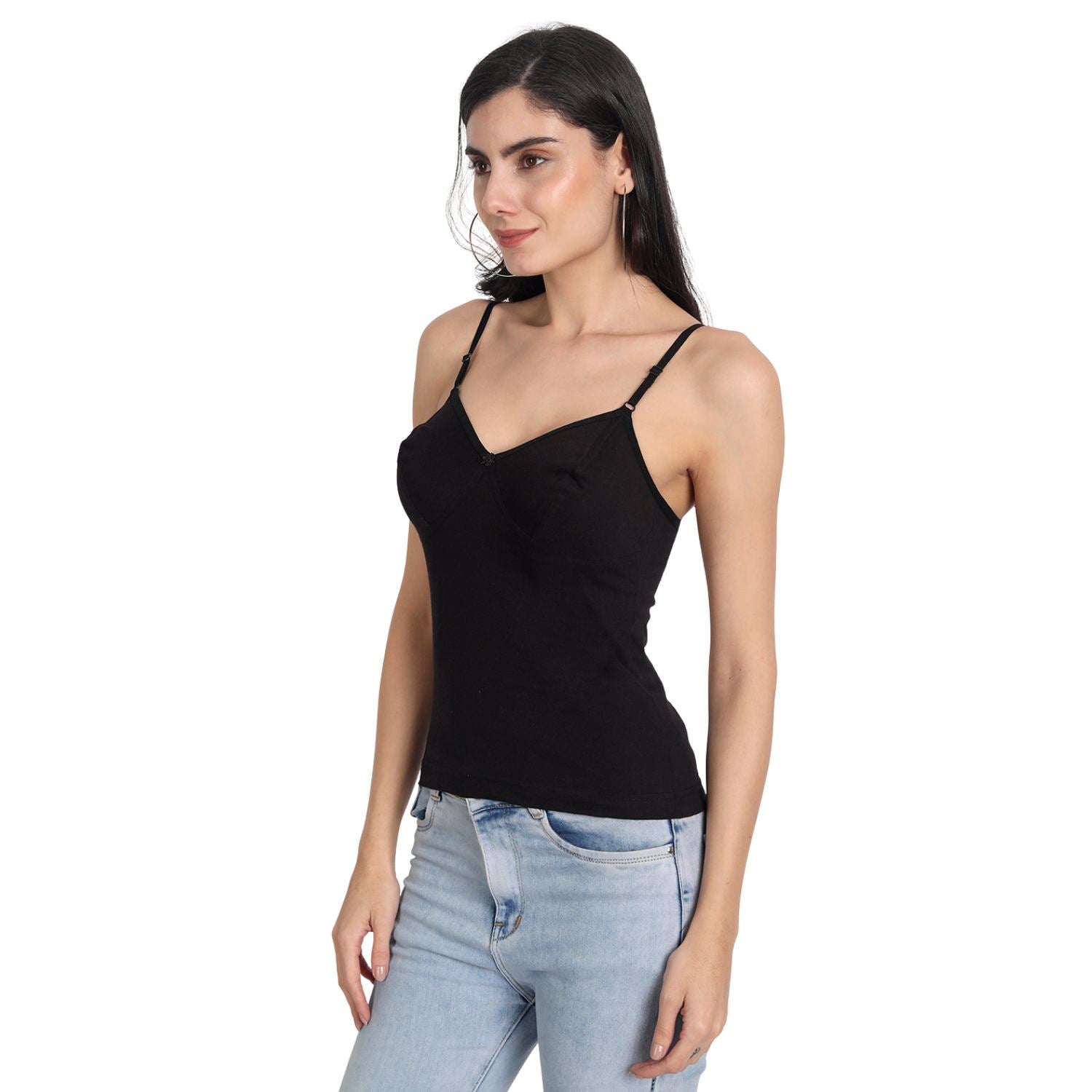 Women's Regular Fit Adjustable Strap Cotton Bra Cum Camisole Slip Spaghetti 1-Black_1-Beige Combo pack of  2