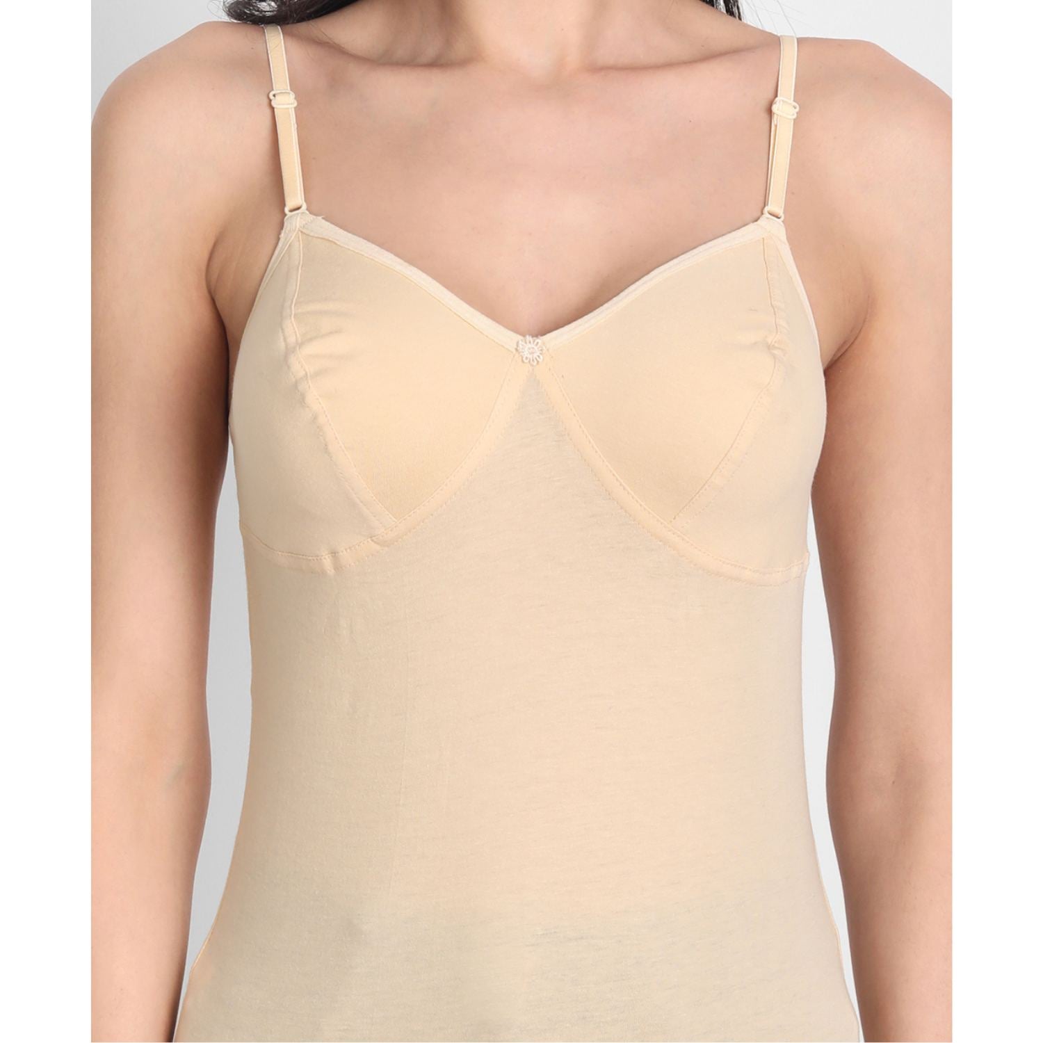 Women's Regular Fit Adjustable Strap Cotton Bra Cum Camisole Slip Spaghetti 2-Beige Combo pack of 2