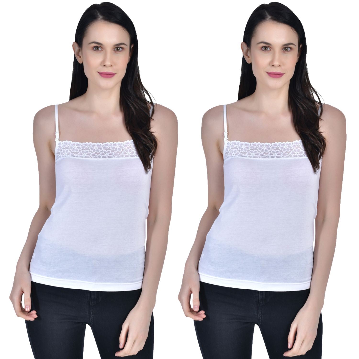 Women's Cotton Adjustable Strap Lace Spaghetti Slip Camisole 2 white  Pack of 2