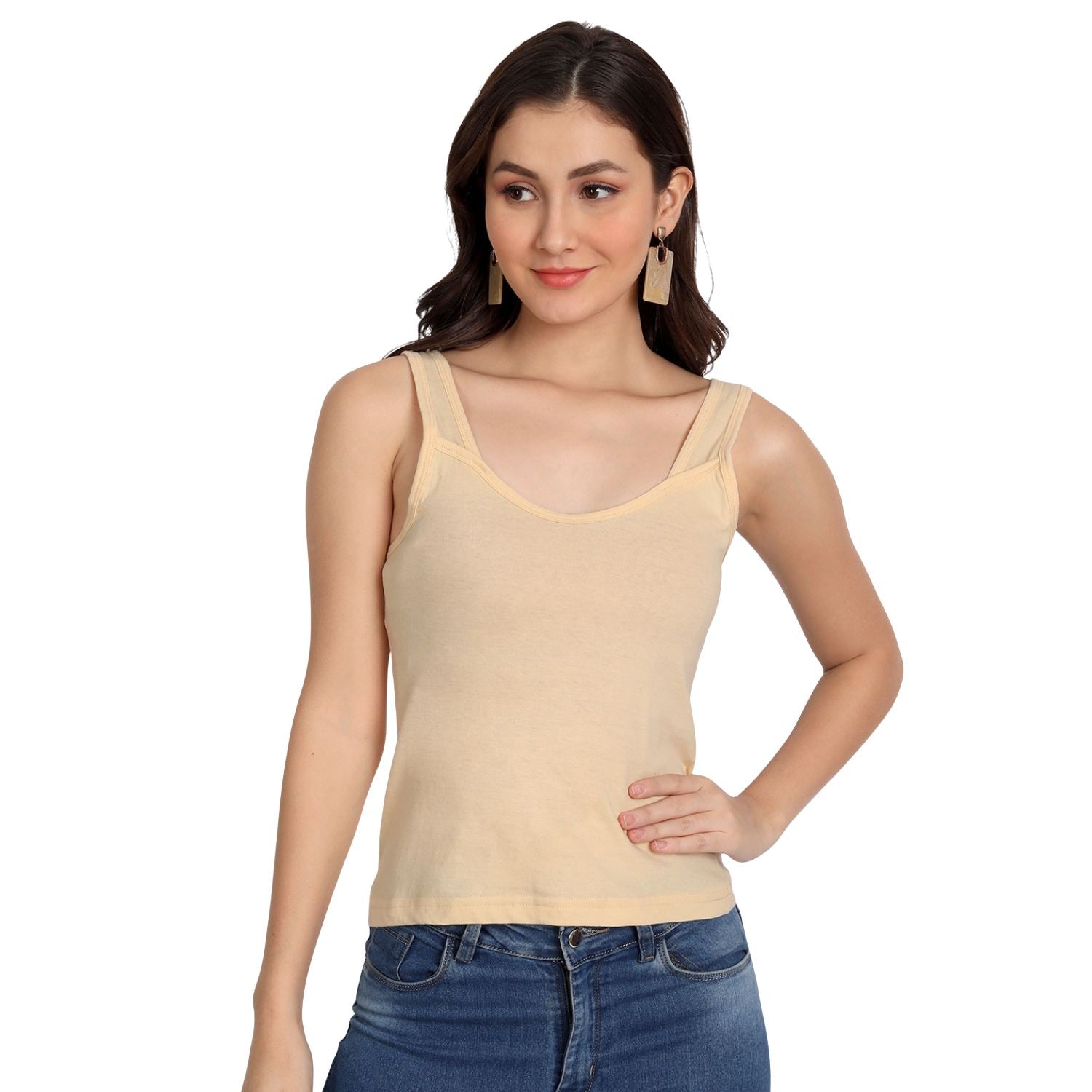 Women's Regular Fit Cotton U Neck Spaghetti Slips Camisoles 2 beige 1 white Combo Pack of 3