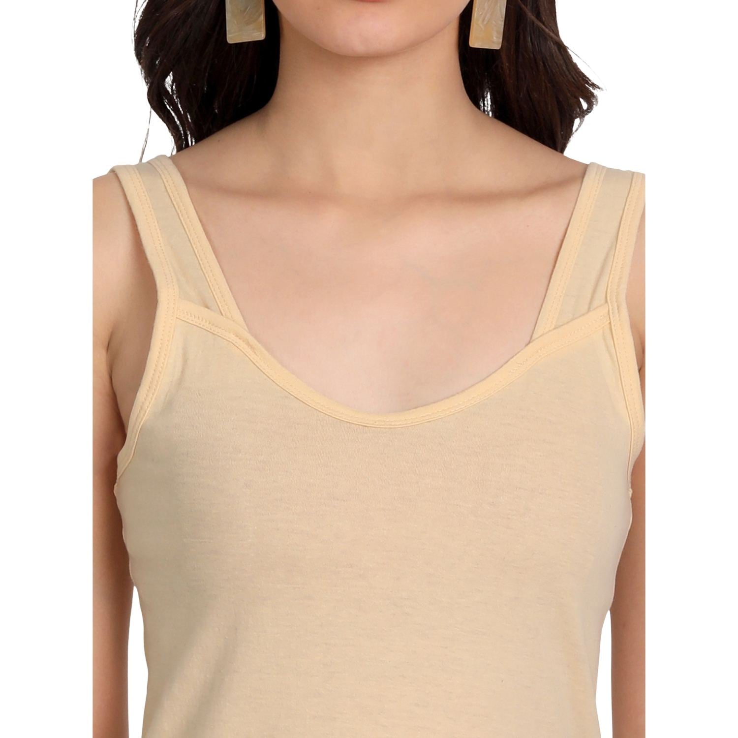 Women's Regular Fit Cotton U Neck Spaghetti Slips Camisoles 3 beige Combo Pack of 3