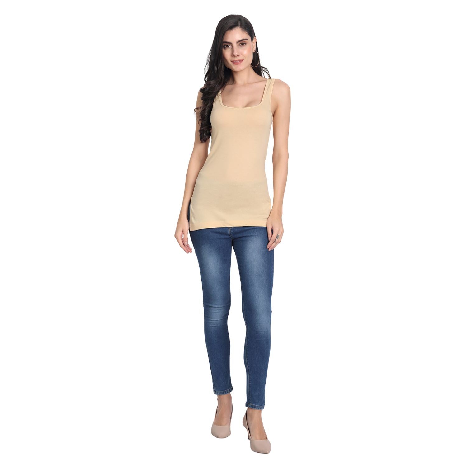 Women's Regular Fit Wide Strap Sleeveless Cotton Camisole Slip Spaghetti, 2bLACK 1BEIGE Combo pack of 3