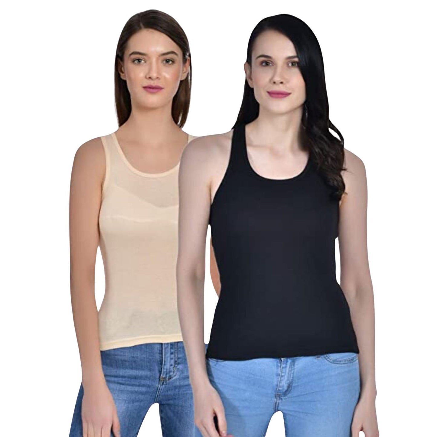 Women's Regular Fit Wide Strap Sleeveless Cotton Camisole Slip Spaghetti beige and black Combo pack of 2