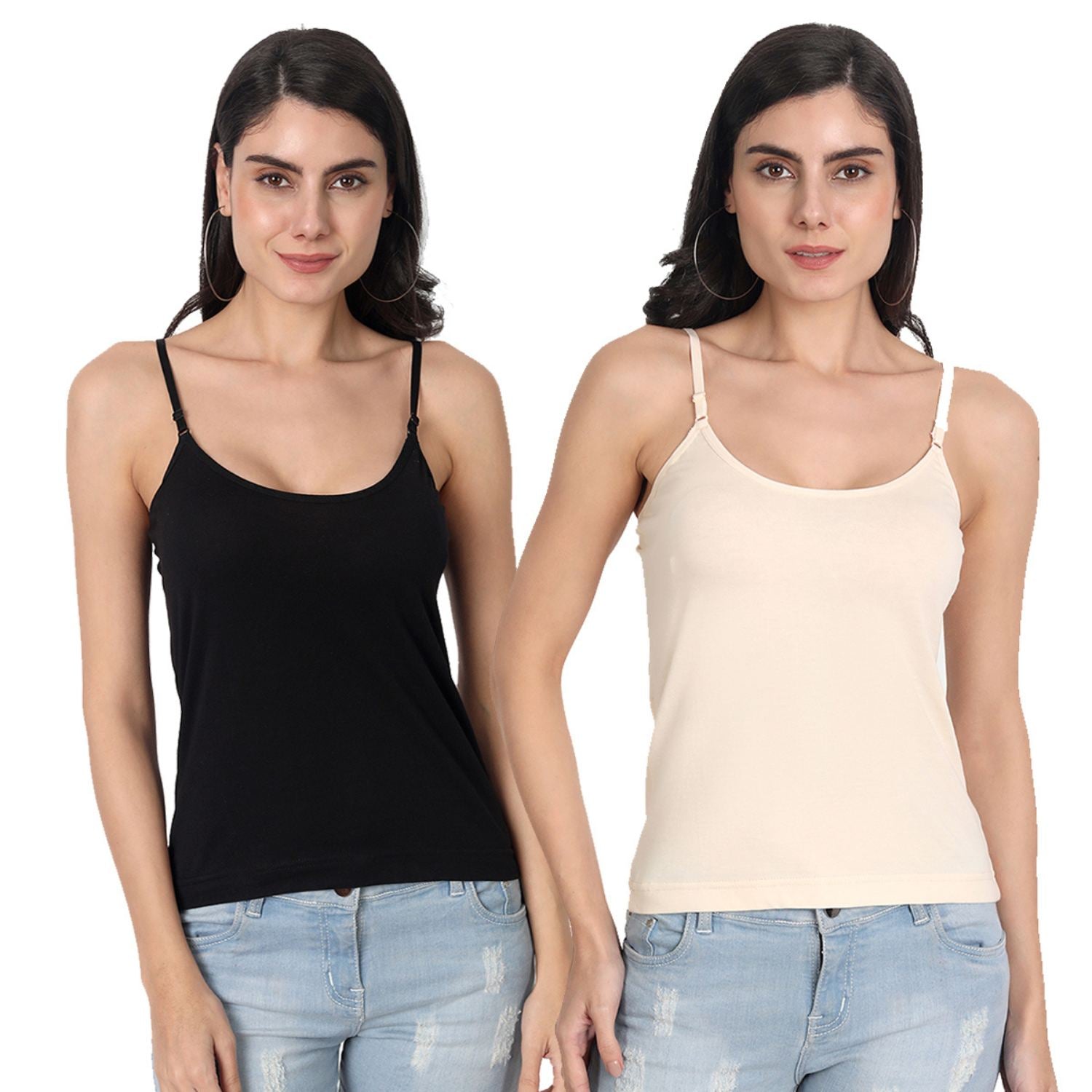 Aimly Women's Cotton Sleeveless Adjustable Strap Spaghetti BLACK_BGE - Pack of 2