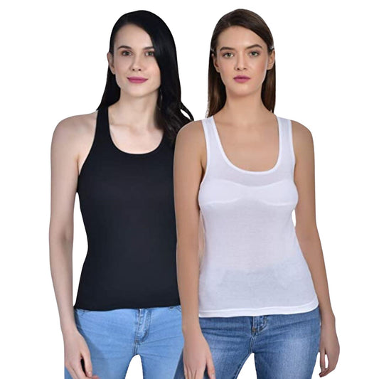 Women's Regular Fit Wide Strap Sleeveless Cotton Camisole Slip Spaghetti Multicolor Combo pack of 2