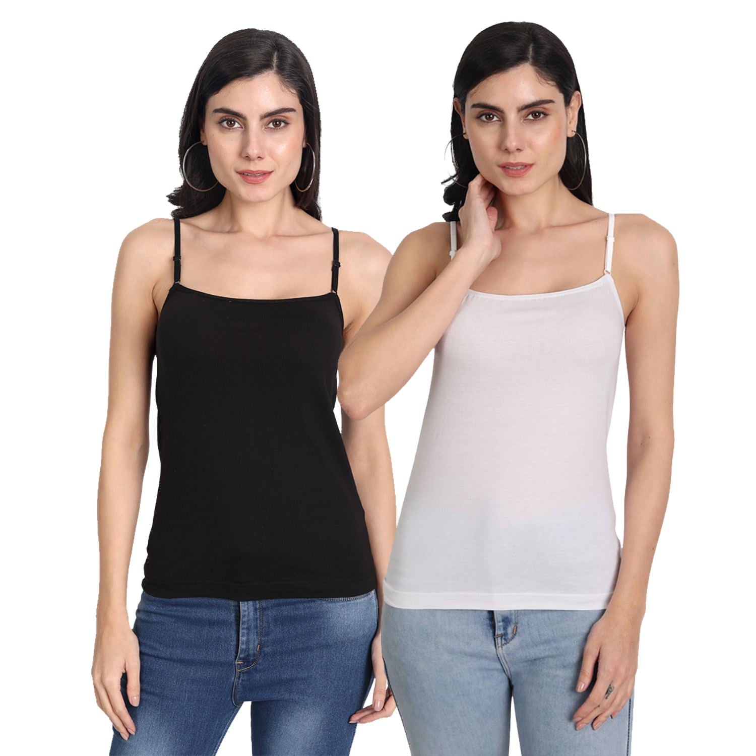 Aimly Women's Cotton Sleeveless Adjustable Strap Camisole Slip Spaghetti - Pack of 2