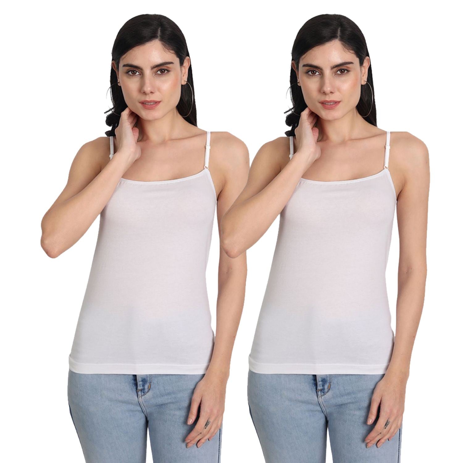 Aimly Women's Cotton Sleeveless Adjustable Strap Camisole Slip Spaghetti 2 WHITE - Pack of 2
