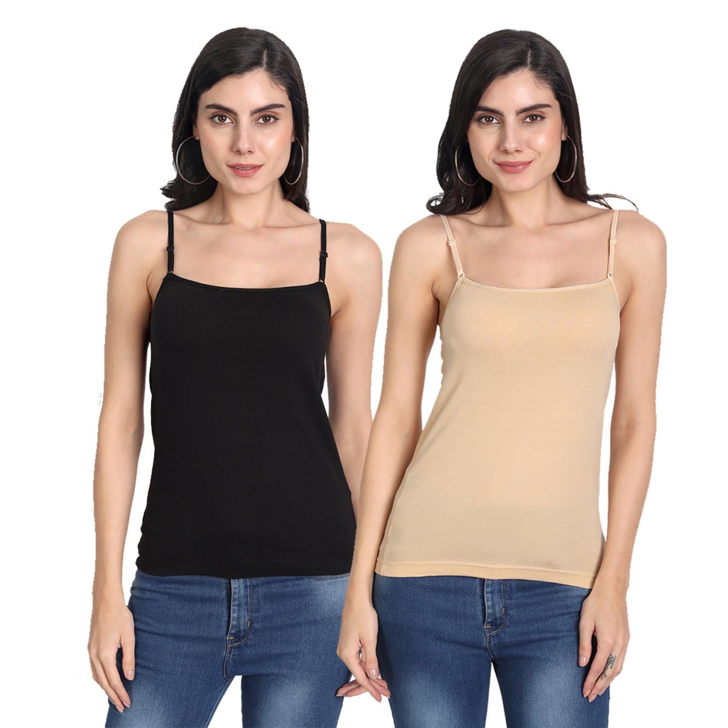 Aimly Women's Cotton Sleeveless Adjustable Strap Camisole Slip Spaghetti BLACK_BEIGE - Pack of 2