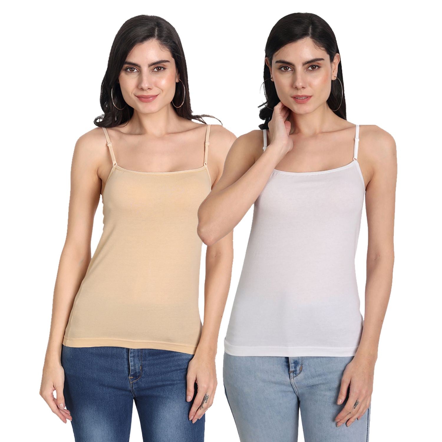 Aimly Women's Cotton Sleeveless Adjustable Strap Camisole Slip Spaghetti BLACK_WHITE - Pack of 2