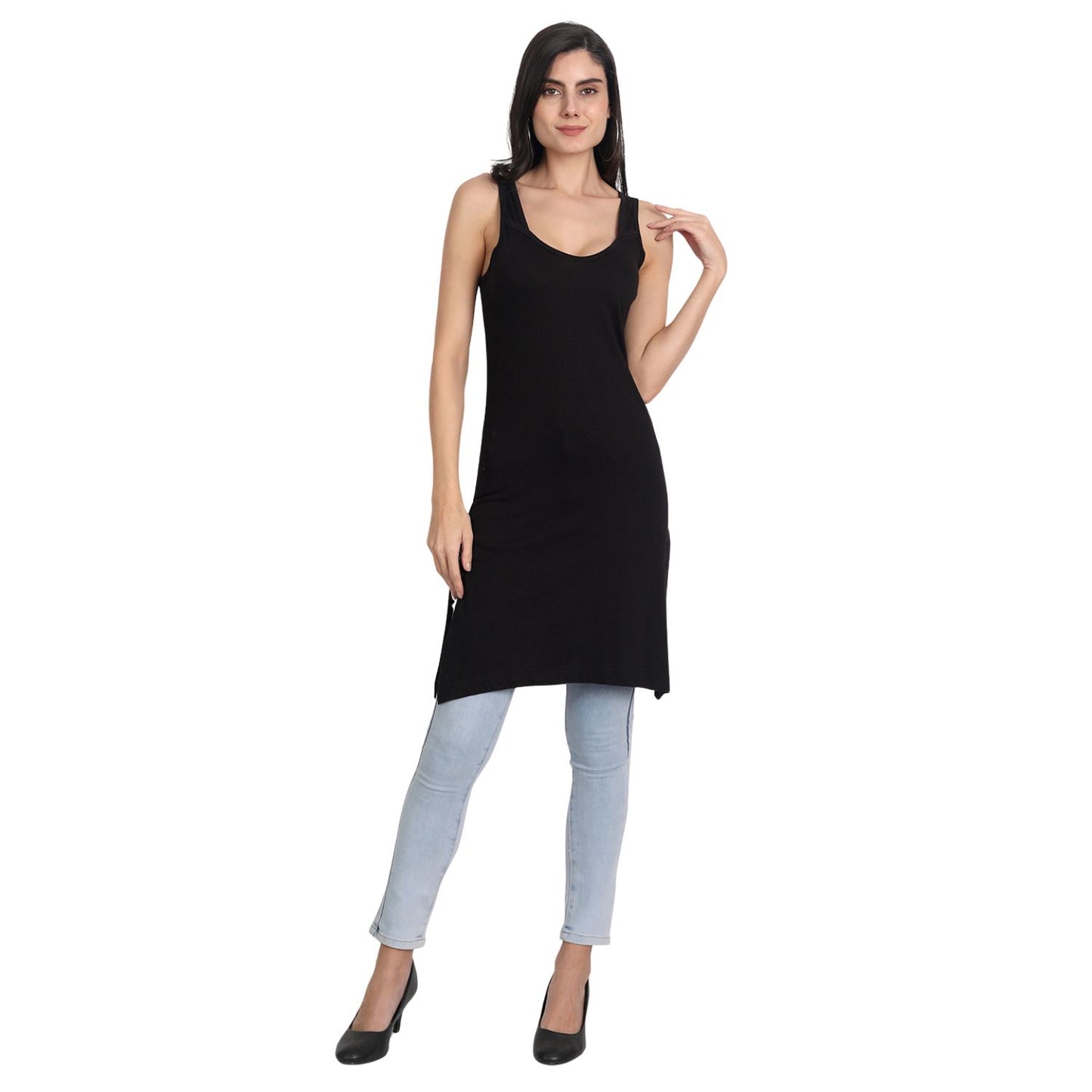 Women's Cotton Sleeveless Long Kurti Camisole Slip Spaghetti 2 Beige 1 Black combo P3
