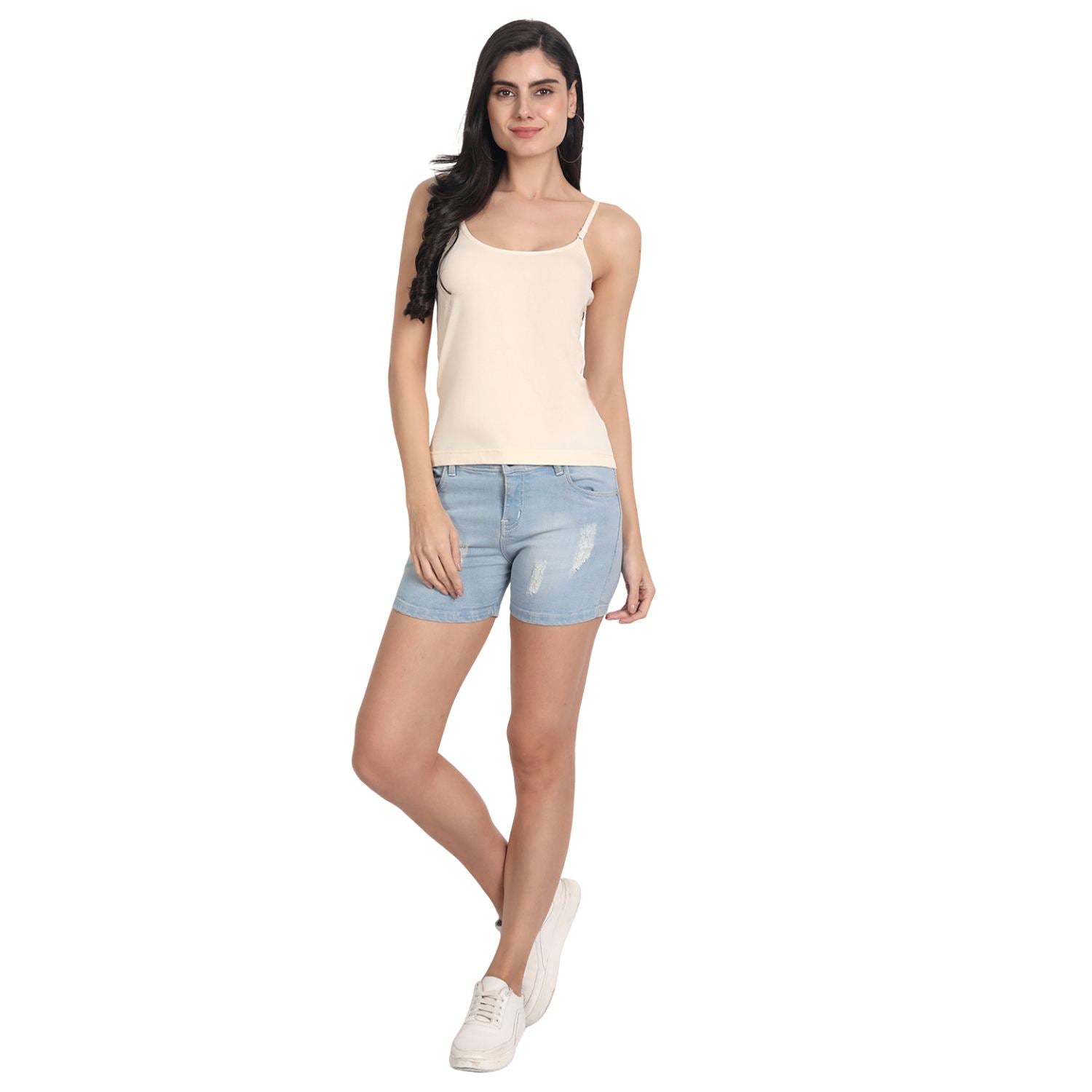 Aimly Women's Cotton Sleeveless Adjustable Strap Spaghetti BGE_WHT - Pack of 2