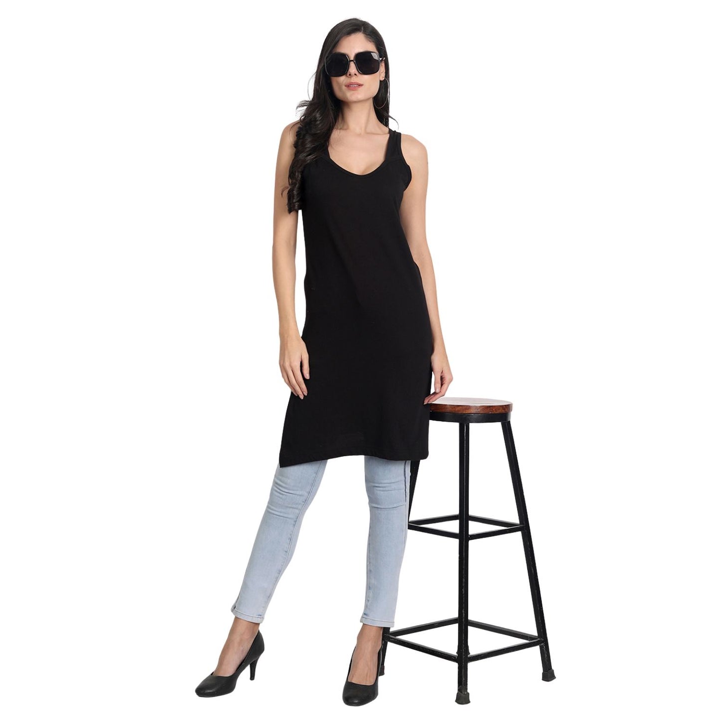 Women's Cotton Sleeveless Long Kurti Camisole Slip Spaghetti 2 Beige 1 Black combo P3