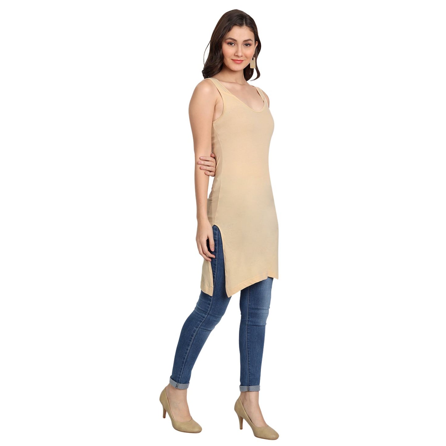 Women's Cotton Sleeveless Long Kurti Camisole Slip beige_white Spaghetti P2