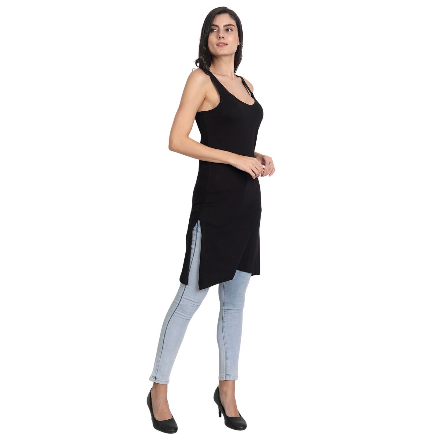 Women's Cotton Sleeveless Long Kurti Camisole Slip black_beige Spaghetti P2